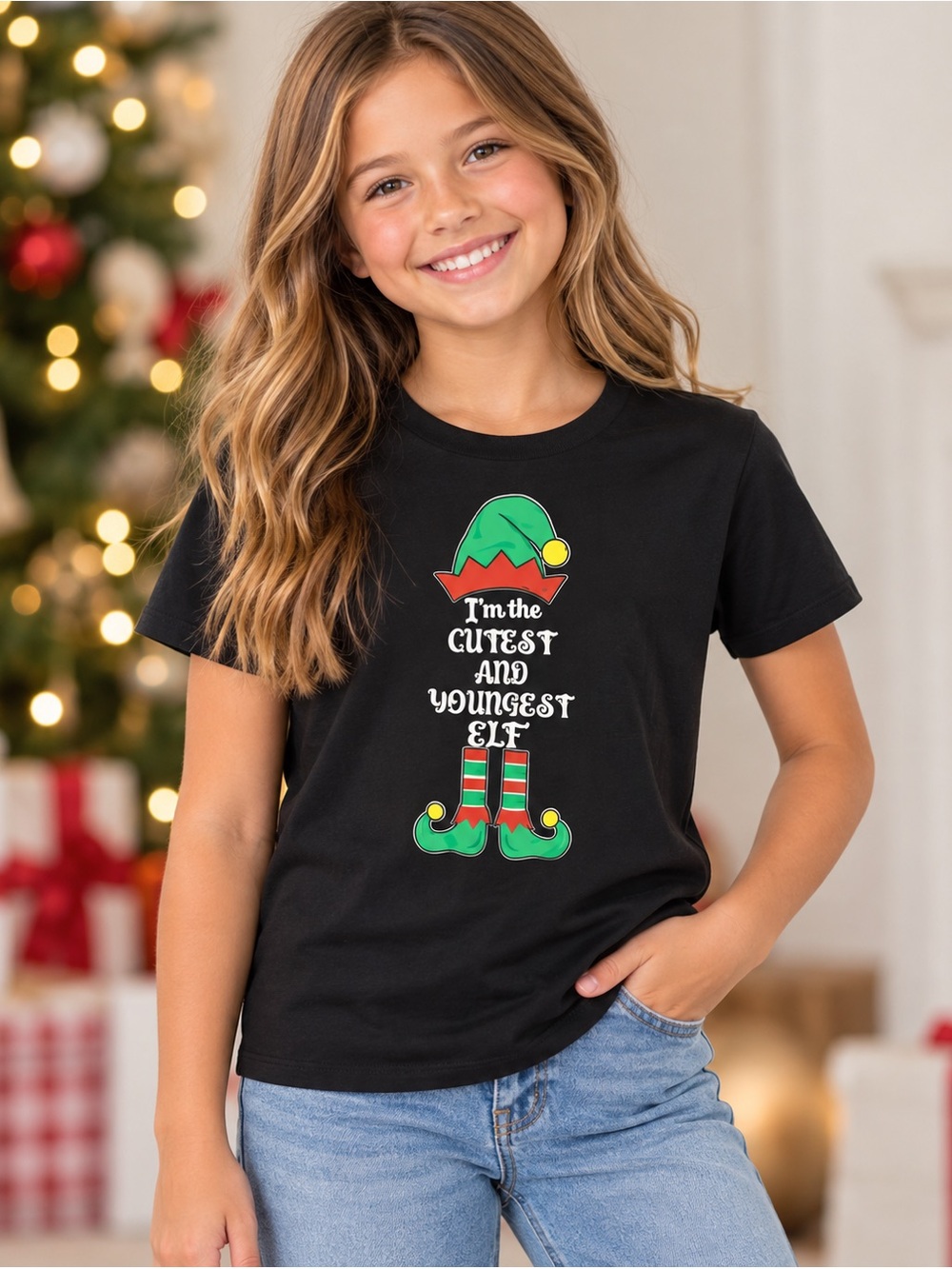 Bella+Canvas Kids Cutest‎ Youngest Elf Christmas T-Shirt Black Size L 14-16